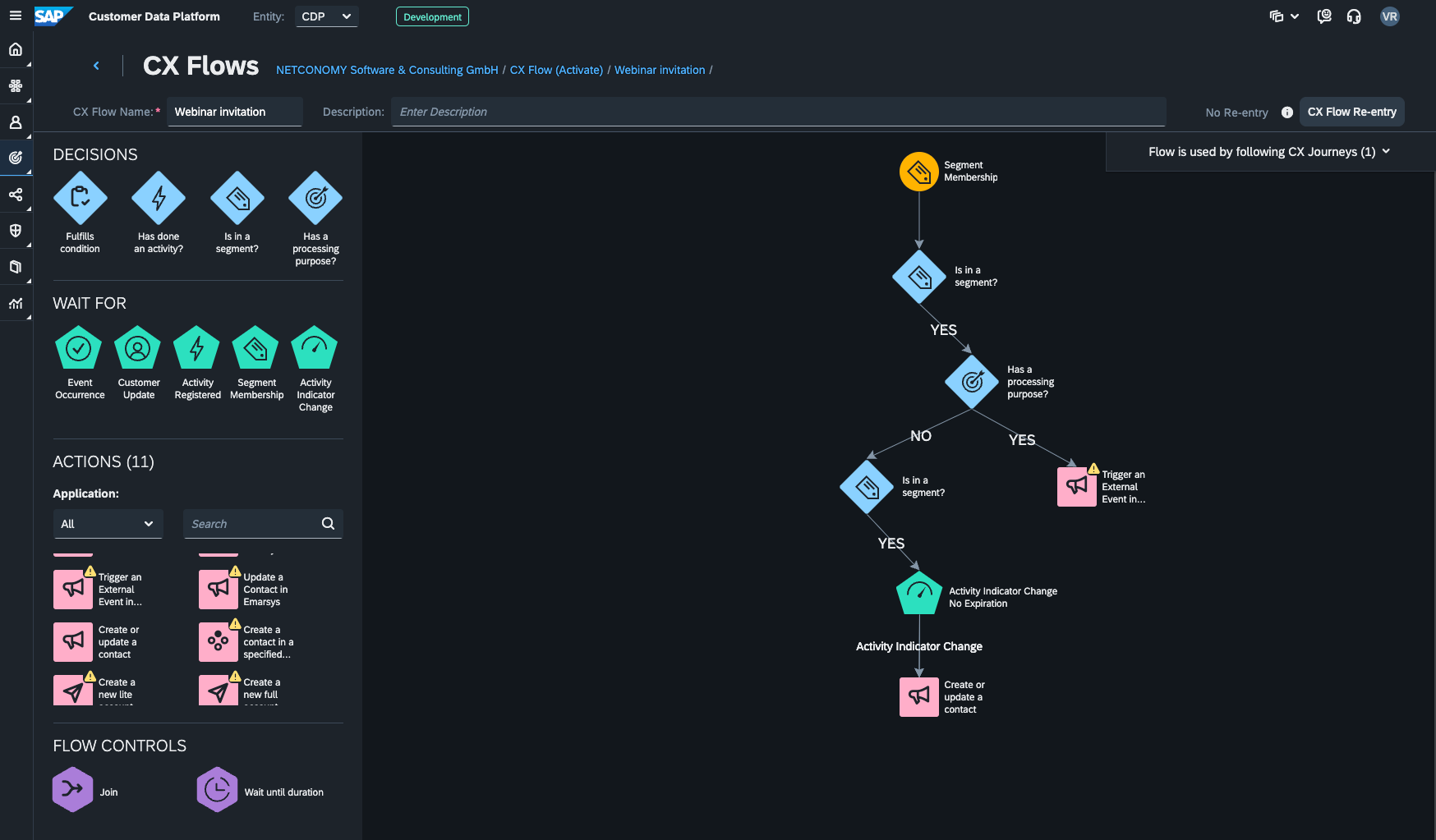 A screenshot showing how a personalisation workflow looks like in SAP CDP on a webinar invitation example.