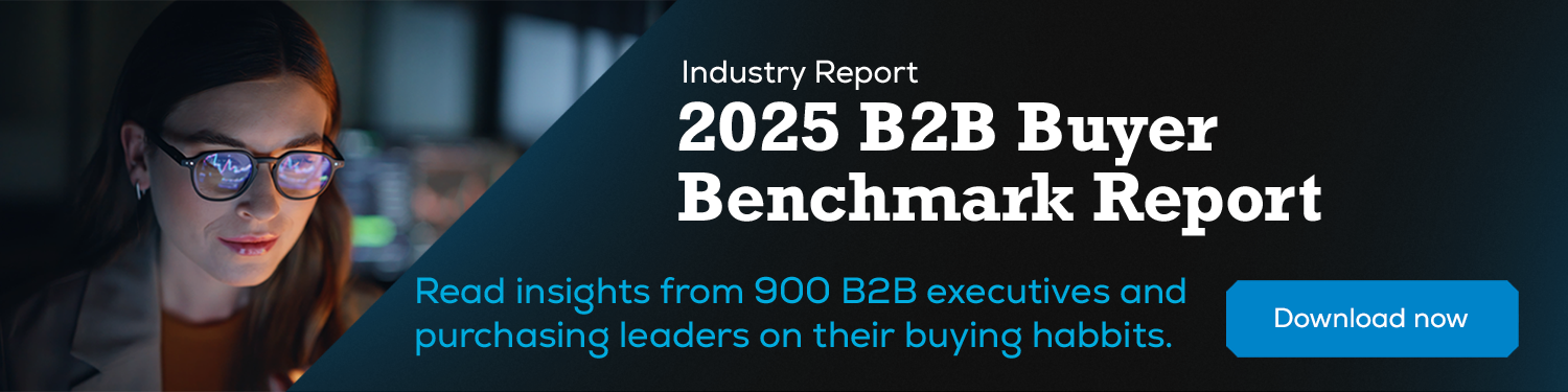 Website banner inviting people to download the 2025 B2B Buyer Benchmark Report with insights from 900 B2B executives and purchasing leaders.