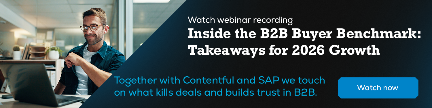 Website banner inviting readers to watch a recording of a webinar where together with Contentful and SAP we discuss what kills deals and builds trust in B2B.